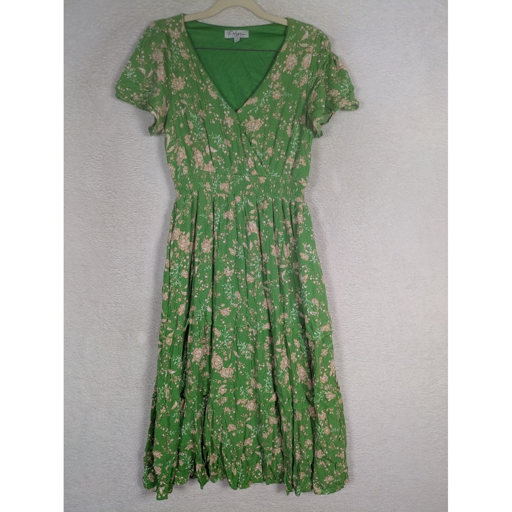 Polagram Dress Women's M Green Floral Smocked Tiered Midi
